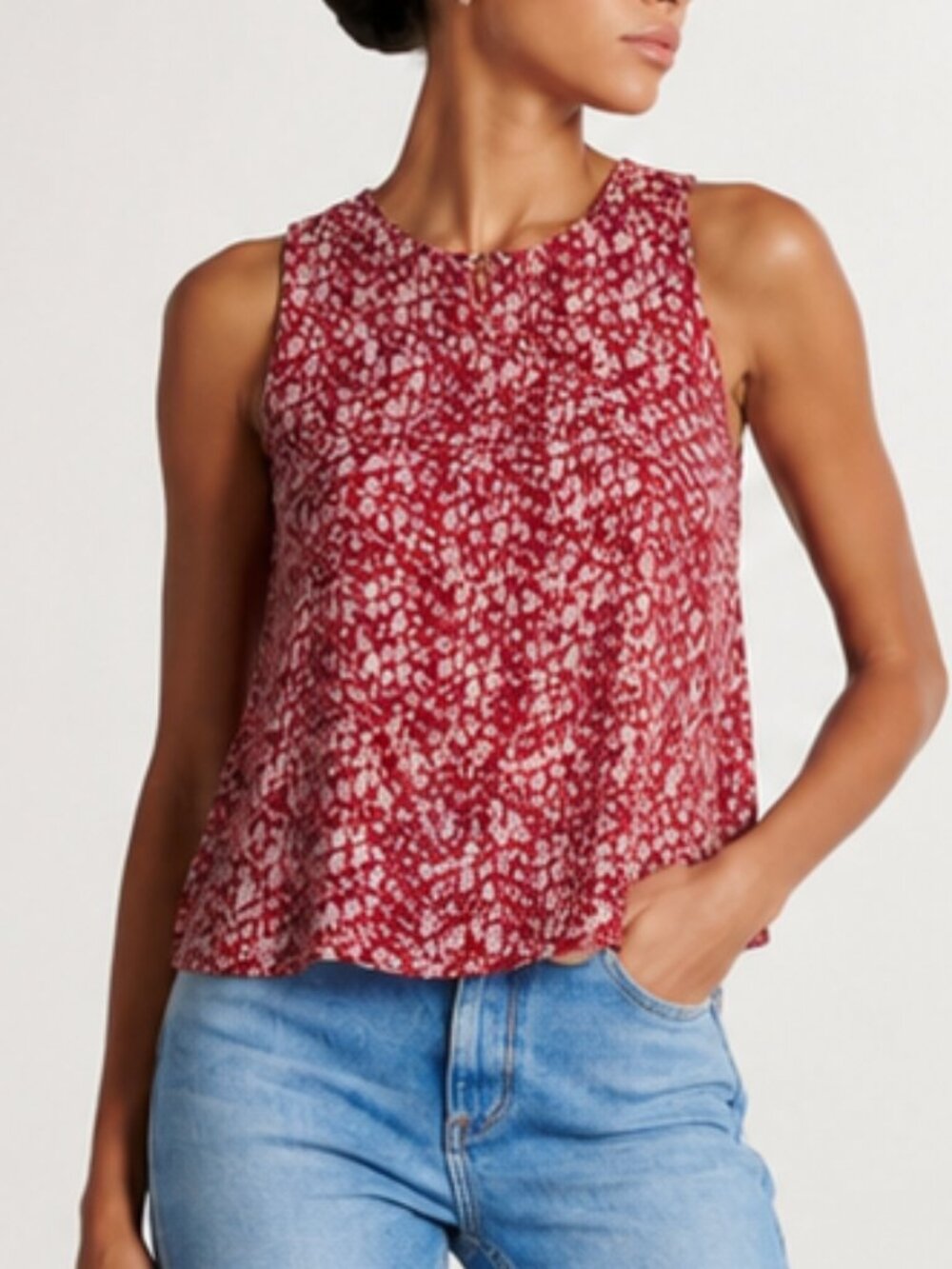 & Layered Sleeveless Red Floral Tank Top Blouse